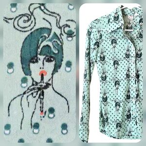 Neusteters Vtg 70s Nylon Mesh Button-up Shirt Lady Smoker Big Collar Sheer /XS-S